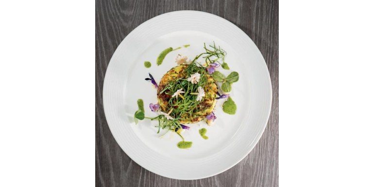 Pancake di patate e Brocco cress®, maionese di Sichuan buttons® e gamberi rossi crudi