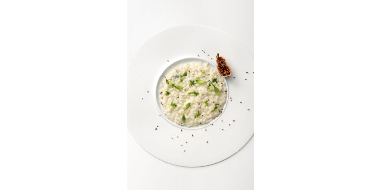 Risotto al Gorgonzola, fichi secchi e olio al coriandolo e cumino