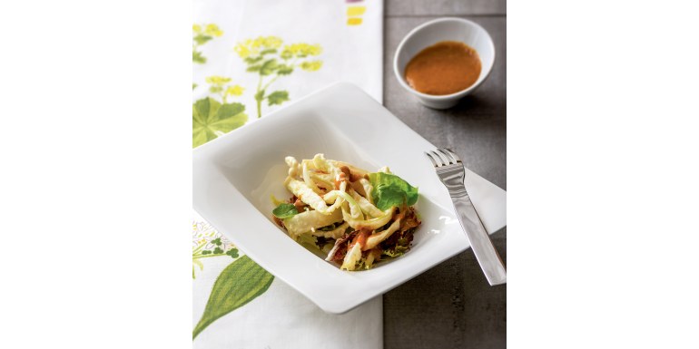 Tempura di daikon e sedano con maionese al curry e zenzero