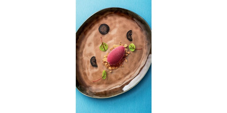Sorbetto di rapa rossa con crumble di noci e noci cotte